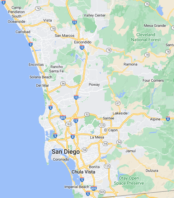 A map of the greater San Diego area, where Derrod Property Management provides expert property management services